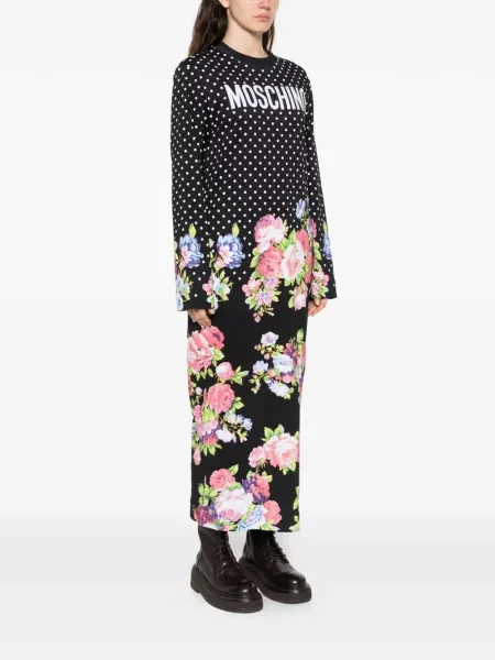 Gėlėta raštuota midi suknelė Moschino iki kelių juoda