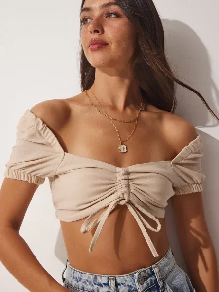 Lniana bluzka Happiness İstanbul beżowa