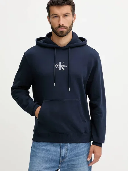 Mikina Calvin Klein Jeans tmavomodrá s kapucí s potiskem