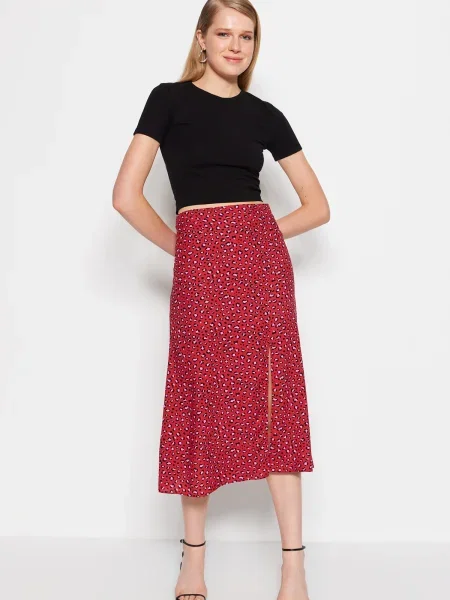Fustă midi Trendyol cu imprimeu animal print până la genunchi cu crăpătură roz