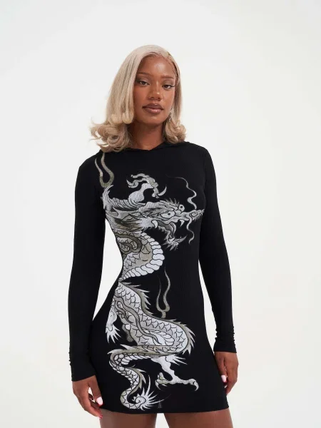 Ed Hardy Rochie Rotes Drachen gri / negru alb