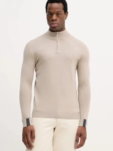 Mos Mosh sweter z wełną ADAM lekki z półgolfem beżowy