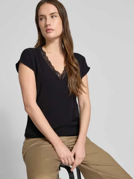 T-shirt o kroju regular fit z kołnierzem z koronki model BELLA' Vero Moda czarna