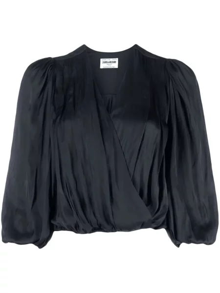 Bluză Zadig&voltaire din satin cu decolteu în V drapată negru