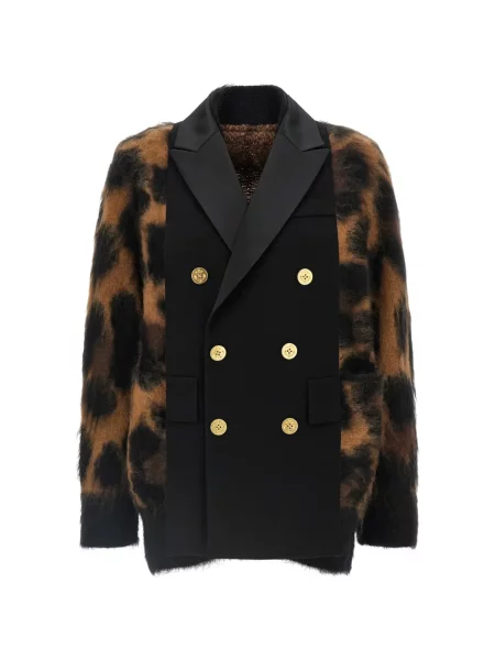 Cardigan Sacai cu imagine cu model leopard cu două rânduri de nasturi negru