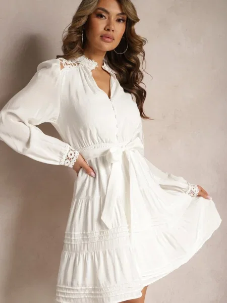 Rochie Cloș cu Inserții de Dantelă și Fundă în Talie Padria albă