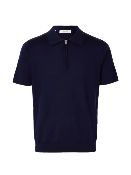 Плетена половин цип поло тениска Selected синьо