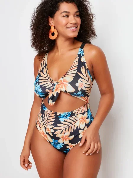 Costum de baie Trendyol cu model floral cu legături albastru