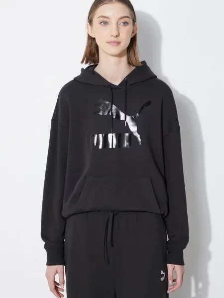 Puma bluză CLASSICS Shiny Logo Hoodie femei cu glugă imprimeu negru