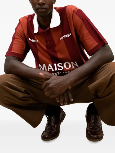 Tricou polo Maison Hideout cu dungi cu imagine roșu