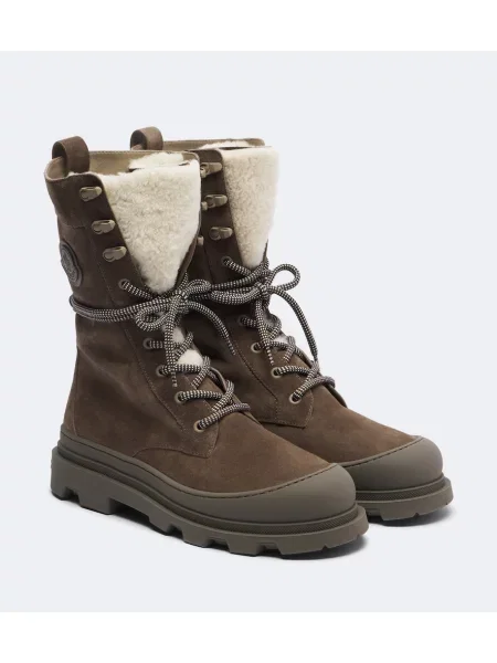 Botine Moncler cu șireturi din piele de căprioară bej