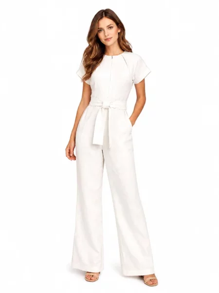 BIBI SAKALIEVA Salopeta Off- White Wide-Leg Jumpsuit with Belt murdar alb