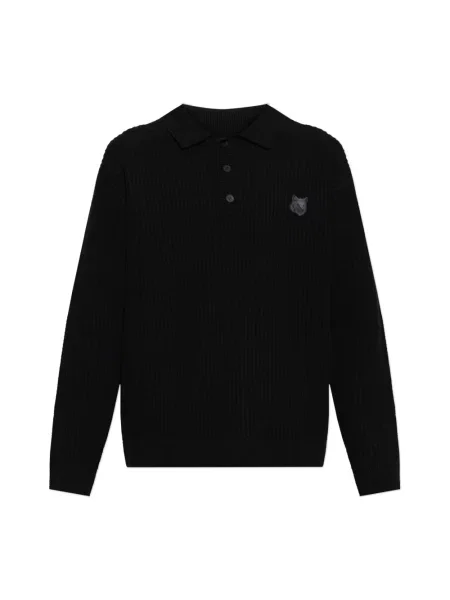 Maison Kitsuné sweter wełniany Fox Head Wool Ribbed Polo ciepły czarny
