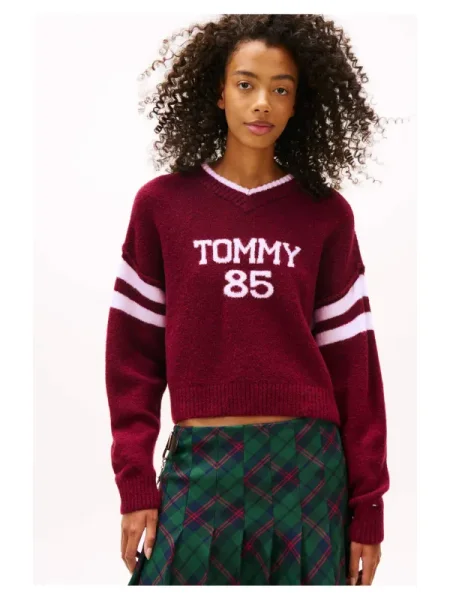 Tommy Jeans Pulover TOMMY 85 | Relaxed fit cu adaos de lână bordo