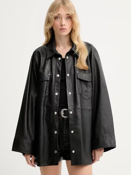 Gestuz cămașă din piele cu guler clasic relaxed negru