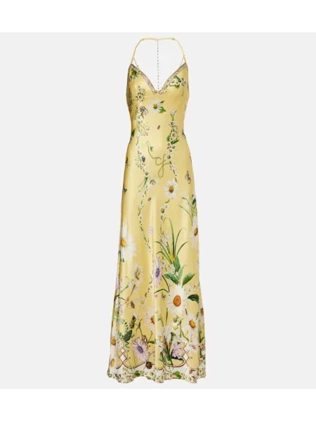 Rochie midi Camilla din satin cu model floral până la genunchi galben