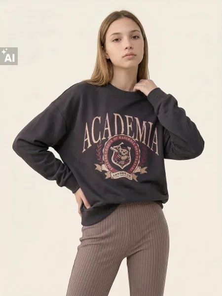Sinsay mikina crewneck s potiskem Academia šedá