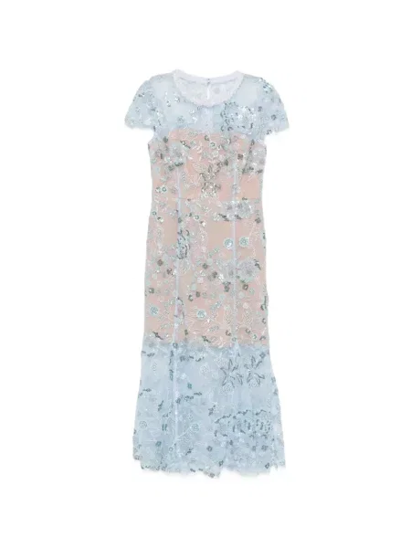 Rochie midi Self-portrait cu paiete cu model floral din dantelă albastru