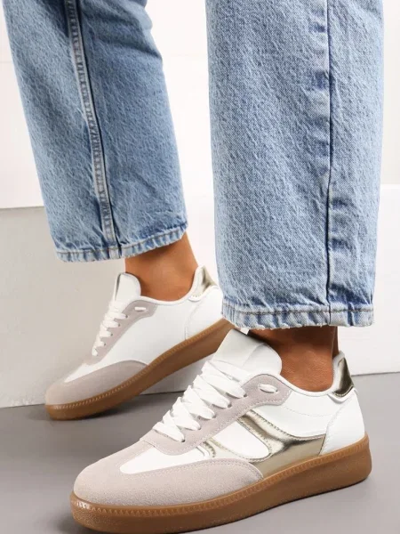 Sneakers Albi-Aurii în Stilul Tenisilor de Cult cu Talpă din Cauciuc Poseiama alb