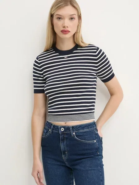 Tommy Jeans pulover s kratkimi rokavi bombažen modra