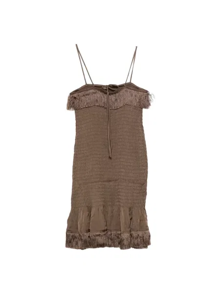 Lniana sukienka mini By Malene Birger z frędzli brązowa