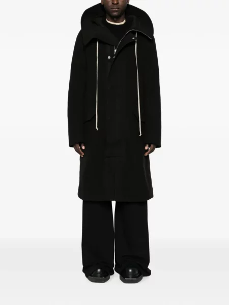Palton Rick Owens cu glugă cu cordon negru