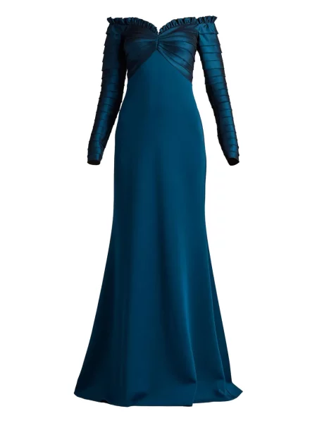 Rochie maxi Tadashi Shoji cu volane lungă de costum albastru