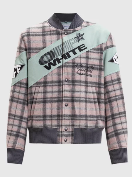 Утеплений бомбер з вовною в клітинку Off-white рожевий