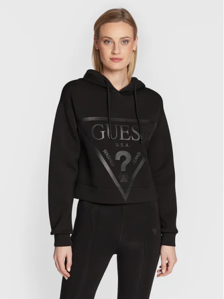 Суичър с качулка Guess с качулка с принт черно