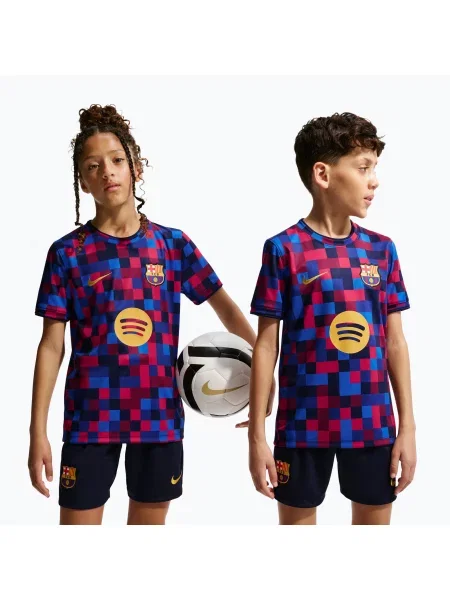 Детска футболна тениска Nike FC Barcelona Dri-Fit Pre-Match noble red/mineral yellow червено