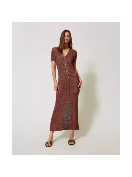 Dzianinowa długa sukienka maxi Twinset brązowa