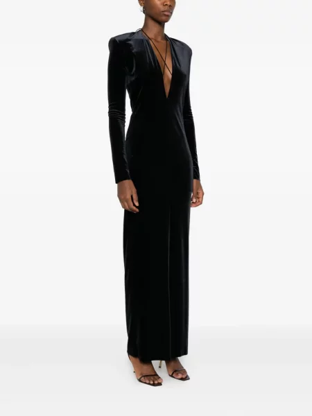 Rochie maxi Amazuìn de catifea cu decolteu în V de costum negru