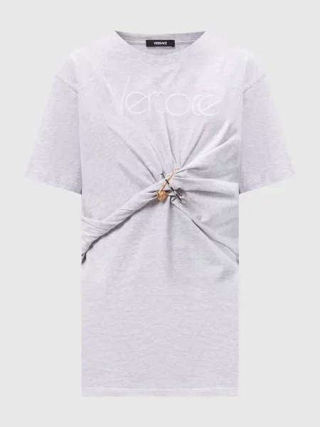 Меланжева футболка з логотипом та брендовими шпильками Versace сіра
