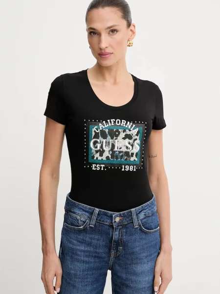 Тениска Guess ANIMALIER дамска черно