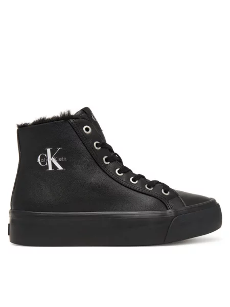 Calvin Klein Sneakersy Vulc Flatf Mid Laceup Lth Fur czarny