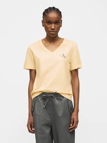 Calvin Klein Jeans Marškinėliai pastelinė geltona / juoda balta