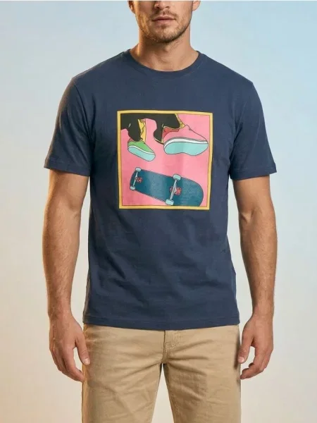 Sinsay tričko s krátkým rukávem se skaterským motivem námořnická modrá