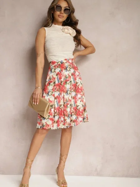 Fustă Florală Bej-Roșu Cloș Talie Înaltă Jastaria bej
