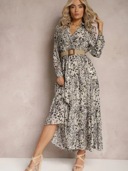 Rochie cu Buline cu și Împletită în Talie Vaneteia gri