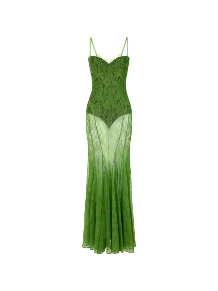Rochie maxi Elisabetta Franchi cu model floral din dantelă de costum verde