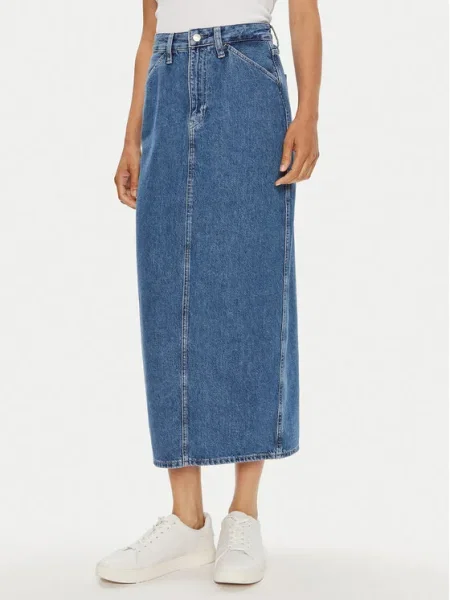 Дънкова пола Calvin Klein Jeans дълга със стандартна кройка синьо