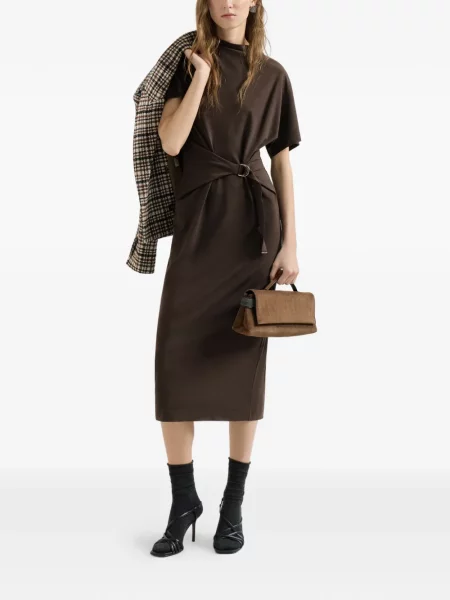 Cu centură rochie Brunello Cucinelli de lână plic maro