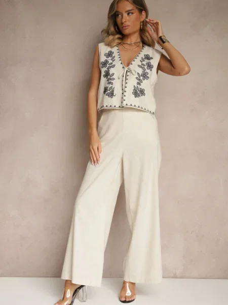 Set din Pantaloni largi și Vestă brodată Ralissele bej