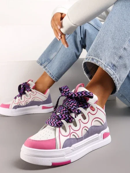 Sneakers Alb-Fucsia pe Platformă cu Șireturi Groase Colorate Adrianu alb