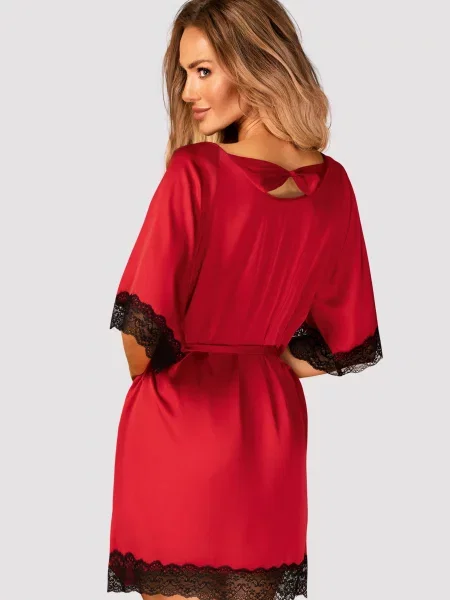 Атласный женский халат с гипюром Комплект_Obsessive_Sensuelia_robe червоний