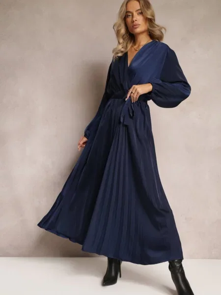 Rochie Maxi Bleumarin cu Pliuri și Decolteu În V Basila