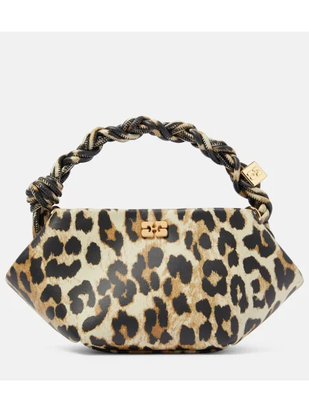 Mała torebka skórzana Ganni skórzana w panterkę brązowa