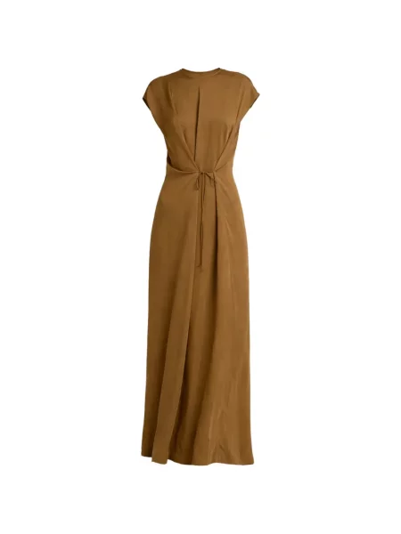 Rochie maxi Yves Salomon din satin asimetrică maro