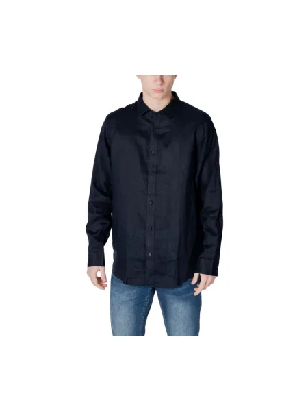 Lniana koszula Armani Exchange z długim rękawem z kołnierzem niebieska