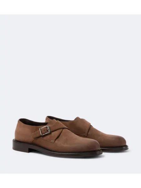 Pantofi monk Brunello Cucinelli din piele de căprioară cu bretele maro